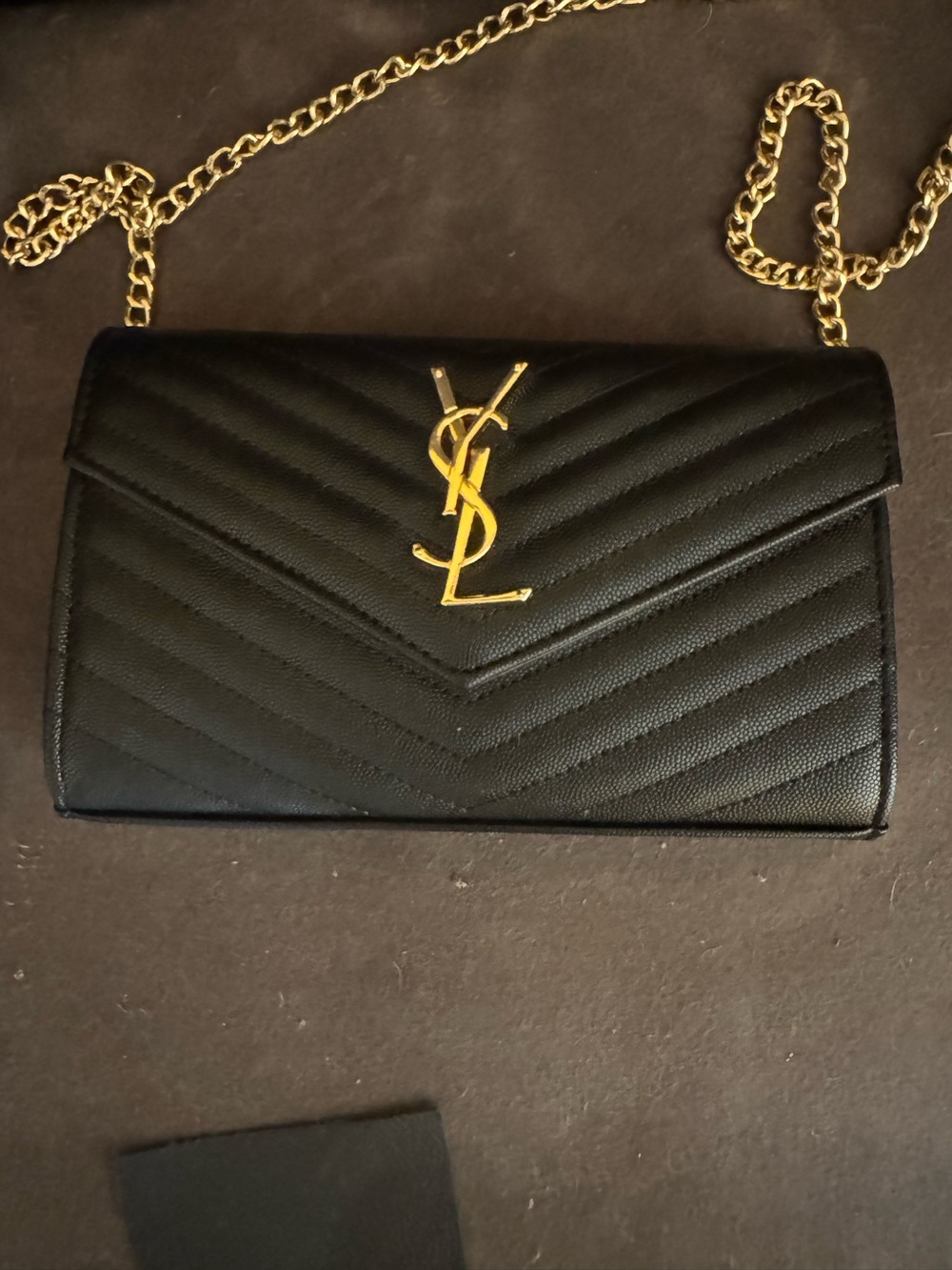 Black Quilted Leather Chain Crossbody with Gold YSL Logo